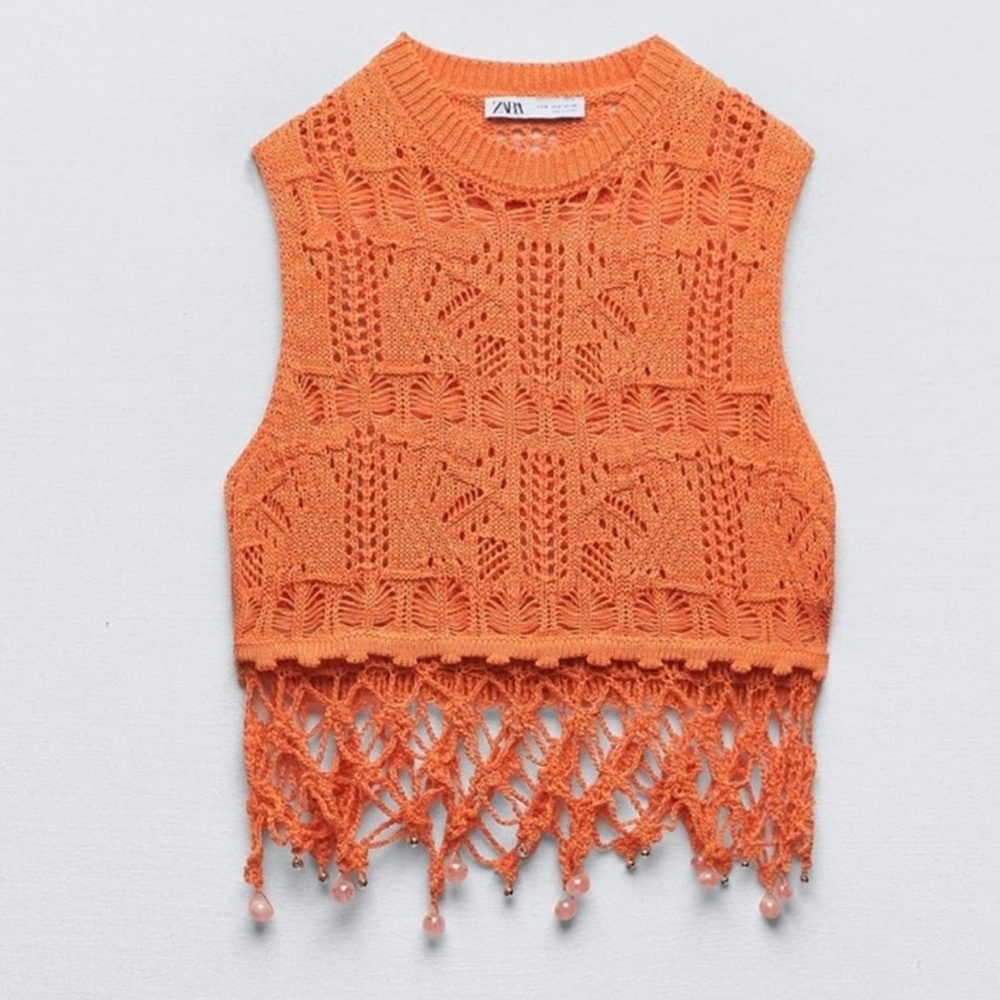 Zara Crochet Knit Vest Beaded Sz sm Trend Crop Fringe - Picture 2 of 8